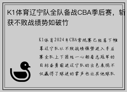 K1体育辽宁队全队备战CBA季后赛，斩获不败战绩势如破竹