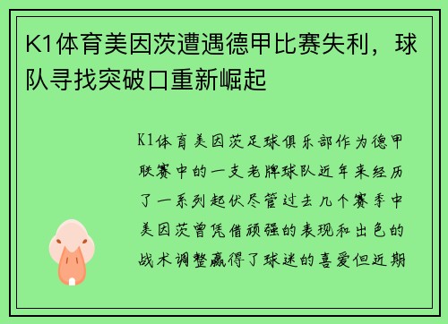 K1体育美因茨遭遇德甲比赛失利，球队寻找突破口重新崛起